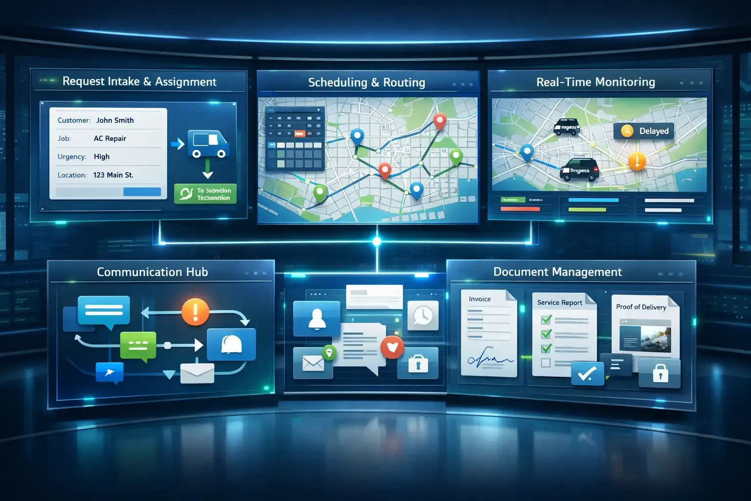 Futuristic dispatch dashboard showing routing, monitoring, and workflow panels